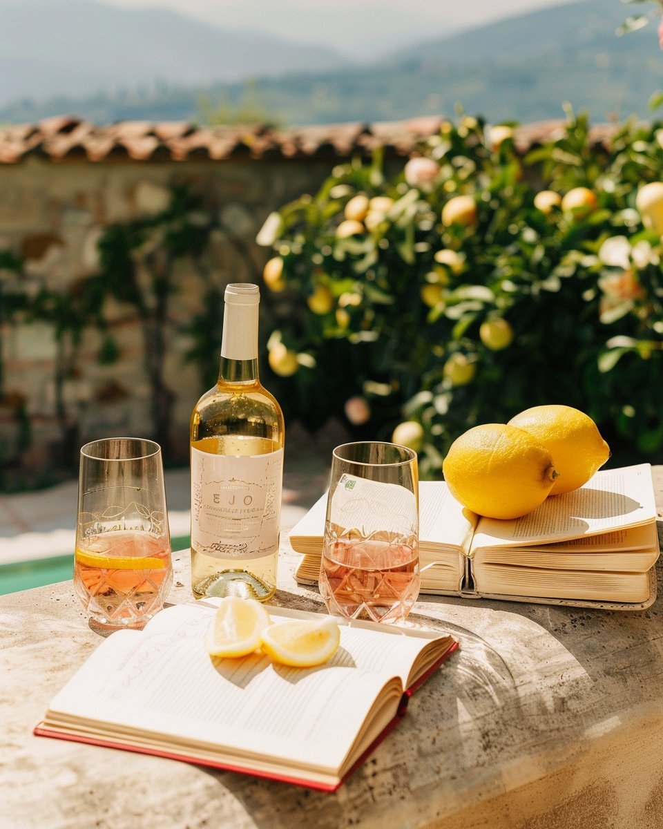 Verres de rosé, bouteille de vin, citrons frais et livre ouvert sur une table en pierre, devant un verger de citronniers à Èze