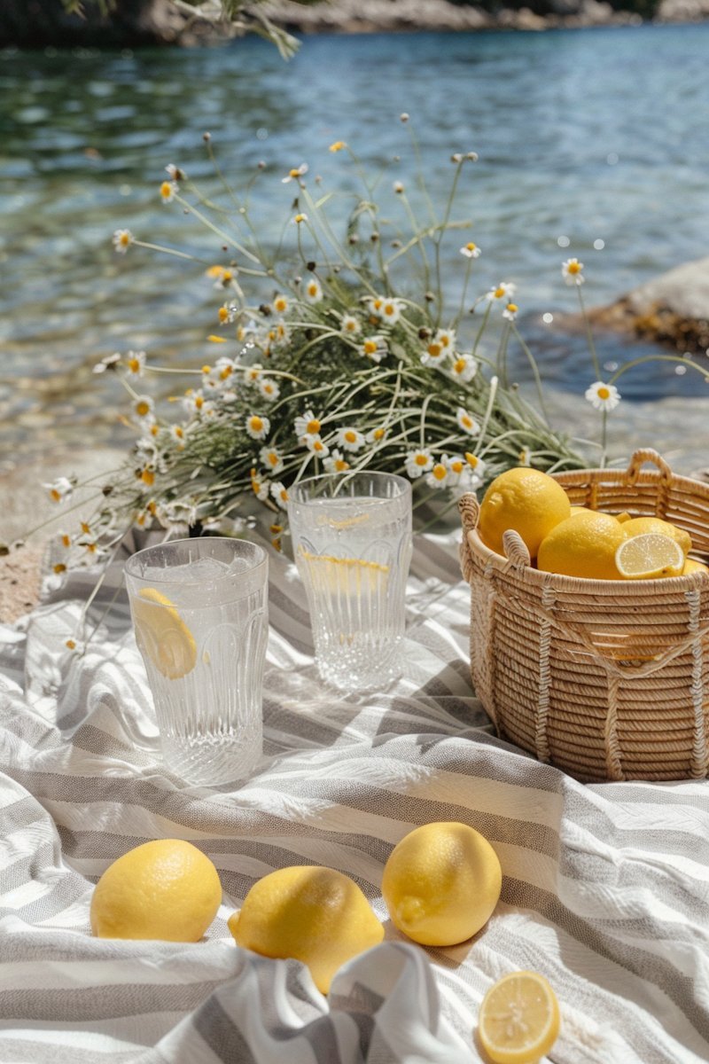 Verres et citrons d'Èze face à la Méditerranée, scène de pique-nique